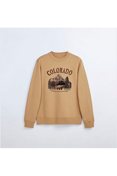 Elvino Μπεζ φούτερ με στάμπα Brooklyn Oversize Crew Neck με 3 κλωστές