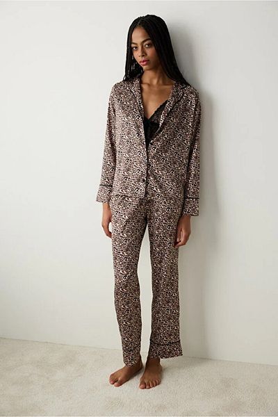 Penti Leopard Satin Light Beige Shirt Pants Pajama Set