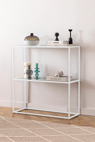 DEKOPRATİK Berra Camlı Metal Dresuar Dekoratif Raflı Kahve Köşesi Konsol - Beyaz