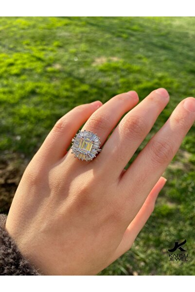 KARSU Gümüş Yüzük 925 Ayar Baget Çerçeveli Özel Davet Yüzük