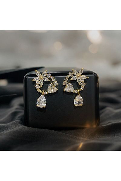 MR Diamond and Flower Figure Steel Zircon Stone Earrings