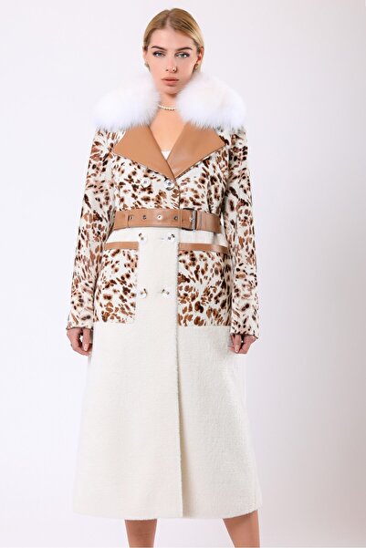 Leather Club Beyaz Charlotte Leopar Desenli Kürk Kaban