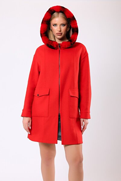 Leather Club Kırmızı Gloria Kürk Aksesuarlı Kaşmir Kaban