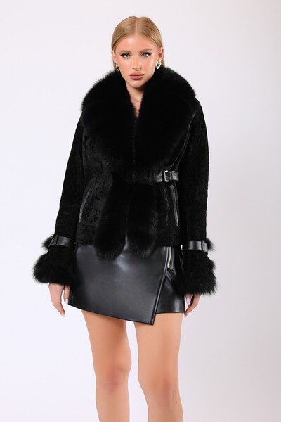 Leather Club Siyah Christina Fox Aksesuarlı Kürk Kaban
