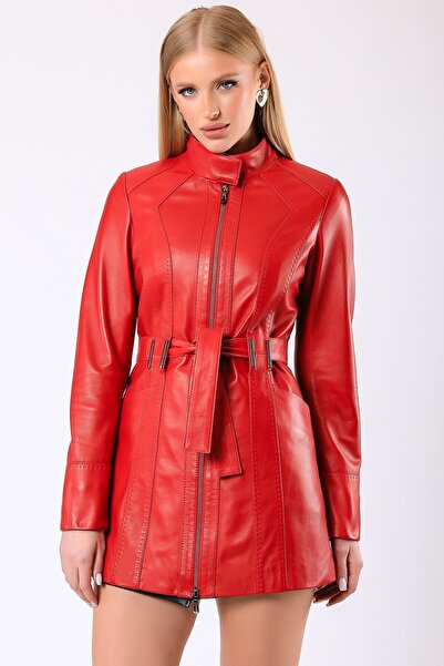 Leather Club Kırmızı Rosa Hakiki Deri Kaban