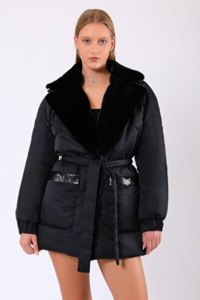 Leather Club Siyah Mathilda Kürk Aksesuarlı Hakiki Deri Garnili Puffer Kaban