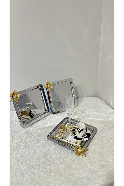 USD HOME 3 lü çelik manolya çiçek çelik kahve sunum servis tepsisi