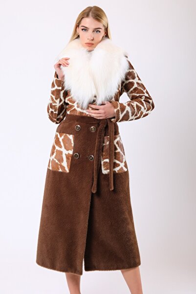 Leather Club Sütlü Kahve Charlotte Kaplan Desenli Kürk Kaban