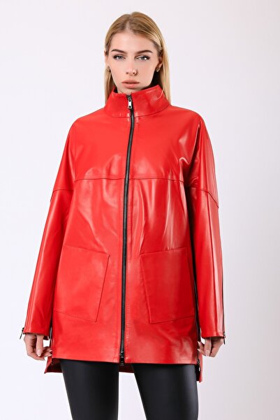 Leather Club Kırmızı Carrie Hakiki Deri Kaban