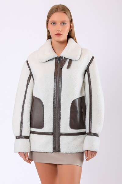 Leather Club Beyaz Stella Hakiki Deri Garnili Yün Kürk Kaban