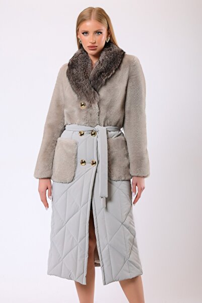 Leather Club Bej Diana Kürk Aksesuarlı Yün Kaban