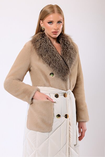 Leather Club Krem Diana Kürk Aksesuarlı Yün Kaban