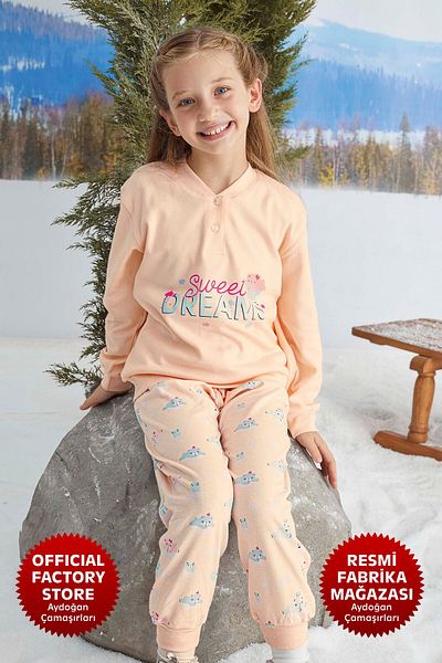 Aydoğan 100% Cotton Powder Pink Long Sleeve Pajamas Set for Girl - A9-2 -1715 - Aydogan ®