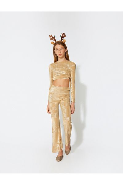 Koton Crew Neck Long Sleeve Shiny Blouse - Side Drawstring Tie up