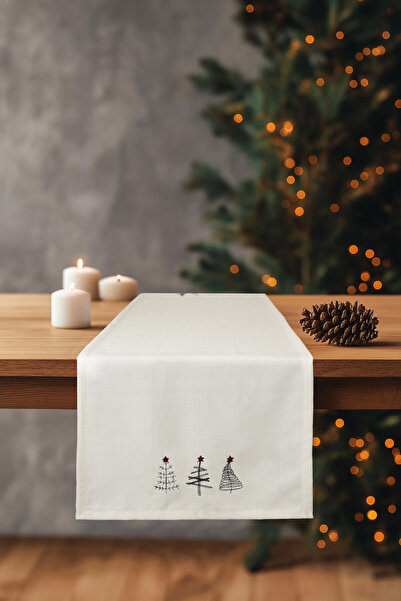 Koza Home Charm Custom Pine Wood Embroidered Cream Runner 45X140 35262A