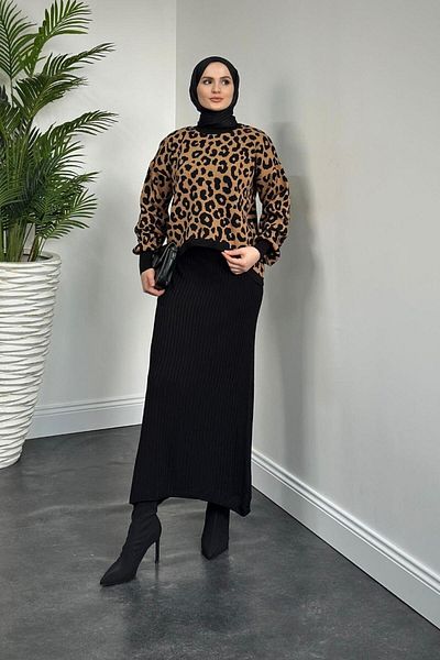 MERVEN AKYÜZ Shea Leopard Crop Gilet Set Black