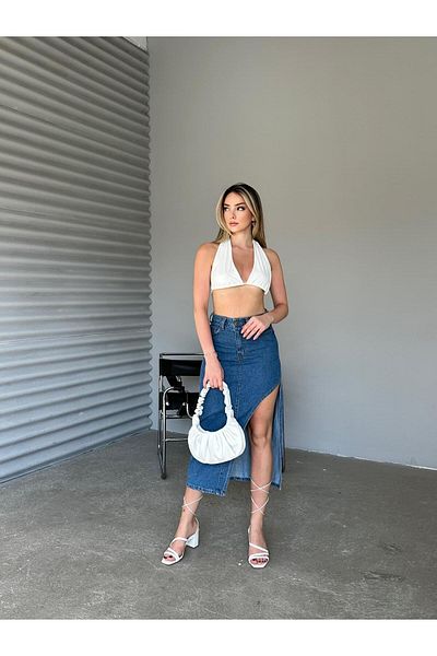 SHEVEGA FUSTA DE DENIM ASIMMETRICĂ ALBASTRĂ DE FEMEI CU PIECE LUNGĂ