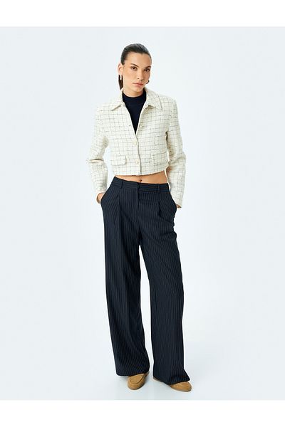 Koton Double Breasted Crop Tweed Jacket with Pearl Button Detail