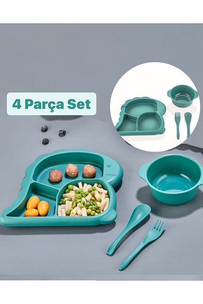 Bayev Dino Blue Baby Food Set - 4 Pieces, Food Plate Set