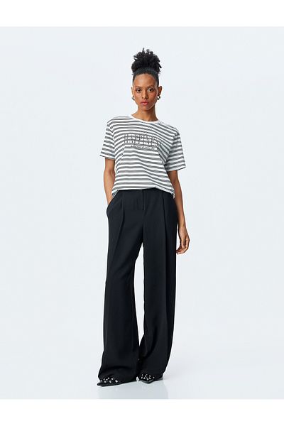 Koton Cotton Crew Neck Short Sleeve Printed Rhinestone Stripe T-Shirt