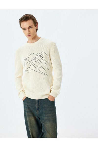 Koton Crew Neck Long Sleeve Cotton Blend Embroidered Knitwear Sweater