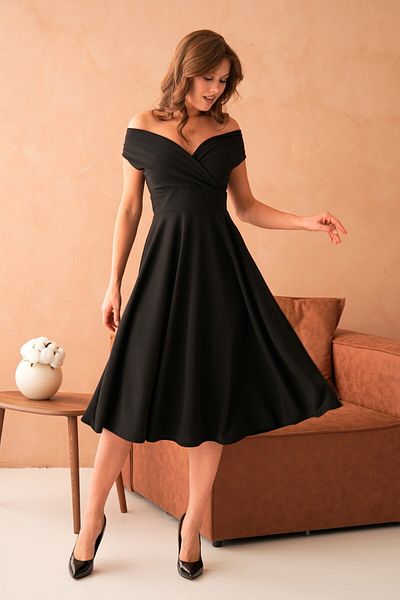 bayansepeti Women's Black Stretchy Fabric Double Breasted Neck Design Midi Cut Black Evening Dress 046