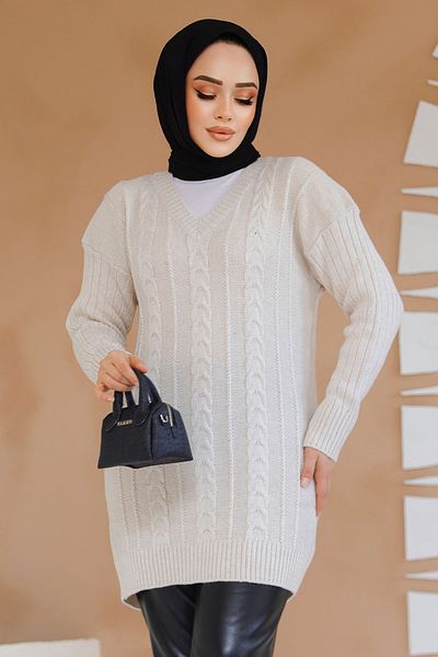 Neva Style 40671BEJ Model Bej Hijab Tricotaj Pulover Tunica