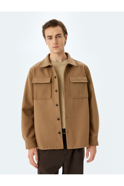 Koton Clamshell Pocket Buttoned Long Sleeve Regular Fit Stamp Shirt Jacket