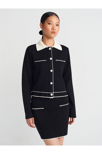 Dilvin 60297 Tricotaj cu nasturi cu gât polo Cardigan-Negru-Ecru
