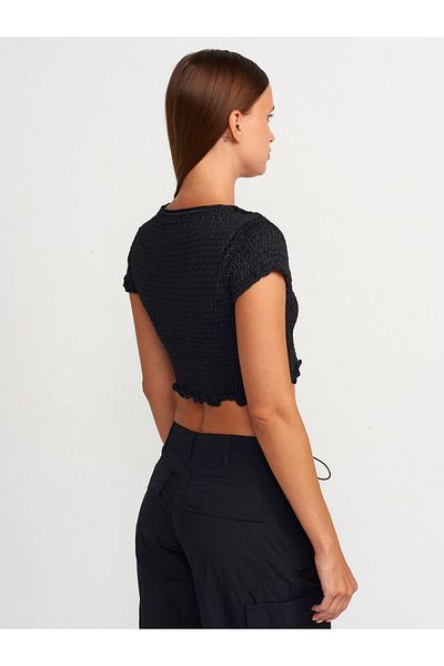Dilvin 10554 Black Fluffy Textured Crew Neck Knitwear Blouse
