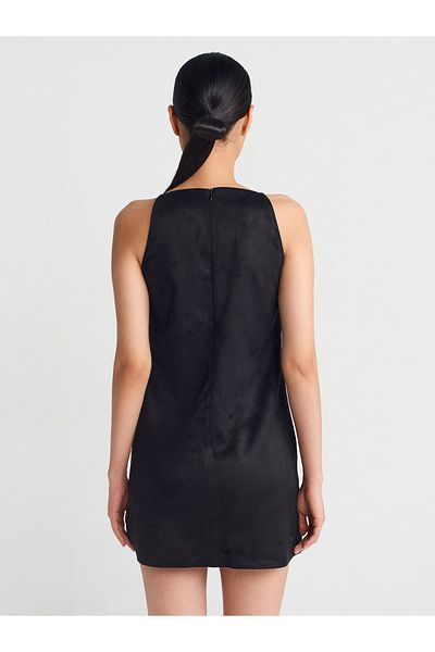 Dilvin 90909 Straps Short Suede Dress-Black
