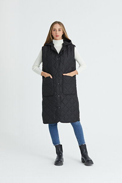 Wise Γυναικεία κουκούλα Oversize Καπιτονέ ύφασμα με σκίσιμο μακρύ γιλέκο