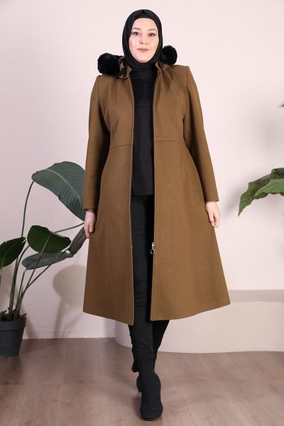 Ferace Women's Large Size Top Coat Hood Furry Zippered