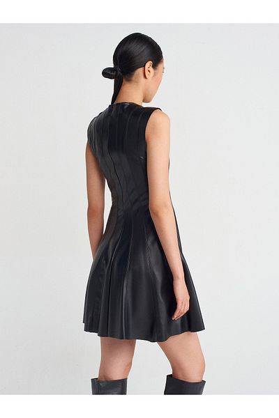 Dilvin 91301 Faux Leather Mini Dress-Black