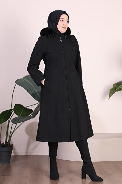 Ferace Női nagy méretű felöltő kapucnis szőrmével és cipzárral