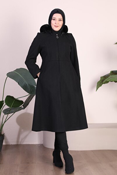 Ferace Női nagy méretű felöltő kapucnis szőrmével és cipzárral