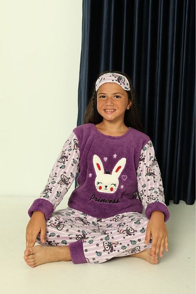 yagmurgiyim Minim Purple Rabbit Fleece Pajamas for Girls 5-16 Years 6064-m