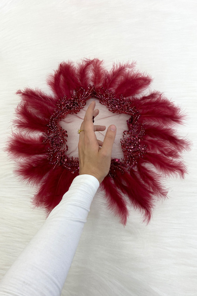 ZEYMERADE Bordo Vip Gelin Mendili, Boncuk İnci Pul Tüy Detaylı Lüks Aplikli D...