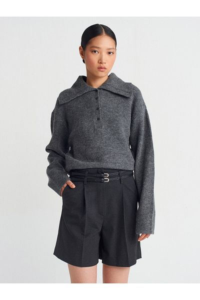 Dilvin 10679 Polo Neck Buttoned Knitwear Sweater-Smoked