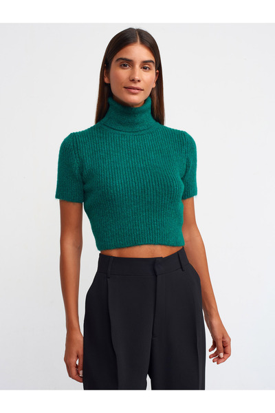 Dilvin 10487 Pulover crop cu mânecă scurtă cu coaste-smarald