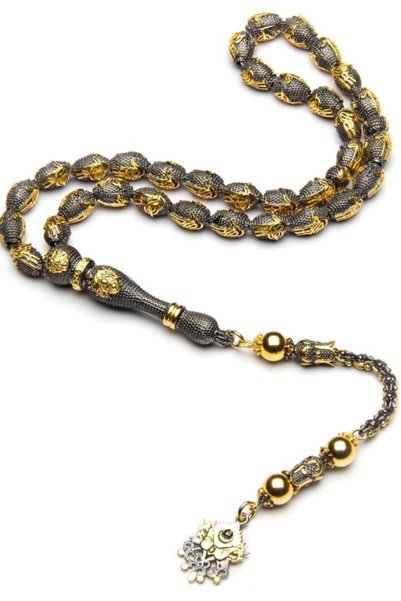 OTTOTESBİH Gold and Rodaj Plated Ottoman State Emblem Tuğra Model Silver Prayer Beads