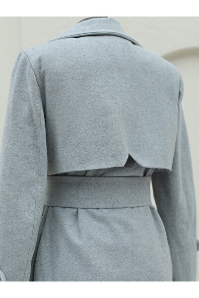 Modamorfo Belted Cashmere Coat with Bolero Detail on the Back -Grey