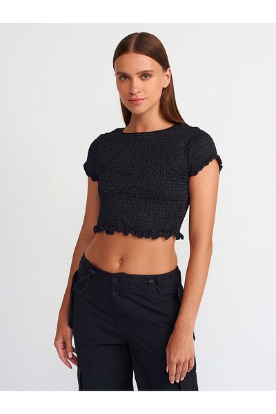 Dilvin 10554 Black Fluffy Textured Crew Neck Knitwear Blouse