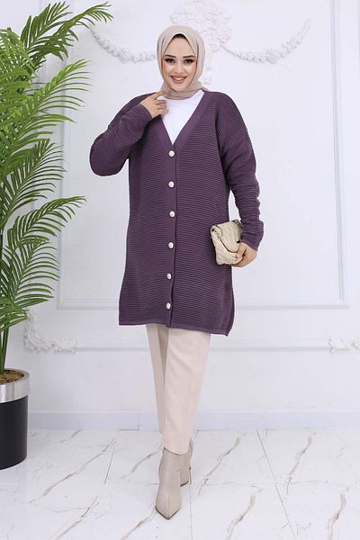 giyze Button Detailed Corded Cardigan Plum 3091