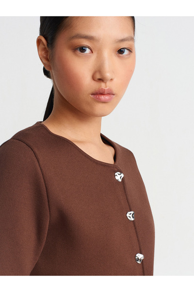 Dilvin 60293 Πλεκτό με κουμπιά Crew Neck Ζακέτα-Καφέ