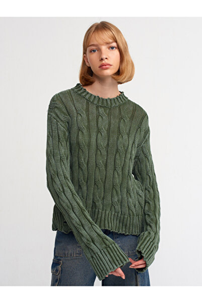 Dilvin 10458 Πλεκτό πουλόβερ με ανοιχτόχρωμα μαλλιά-Χακί