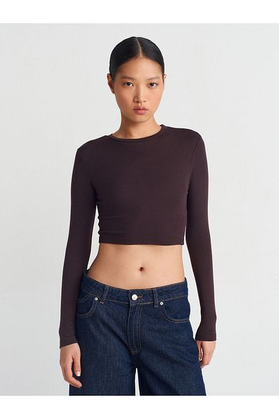 Dilvin 31236 Μακρυμάνικο Crop Top-Σκούρο Καφέ