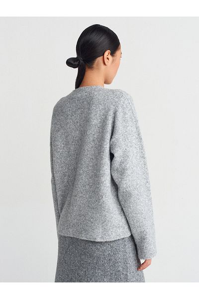 Dilvin 10640 Crew Neck Soft Textured Knitwear Sweater-Medium Gray