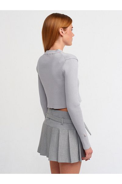 Dilvin 60202 Functional Shearling Crop Knitwear Cardigan-Grey