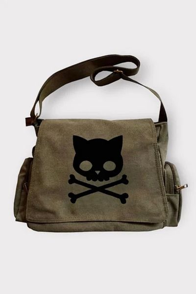 weywot Khaki Color Cat Skull Patterned Messenger Bag